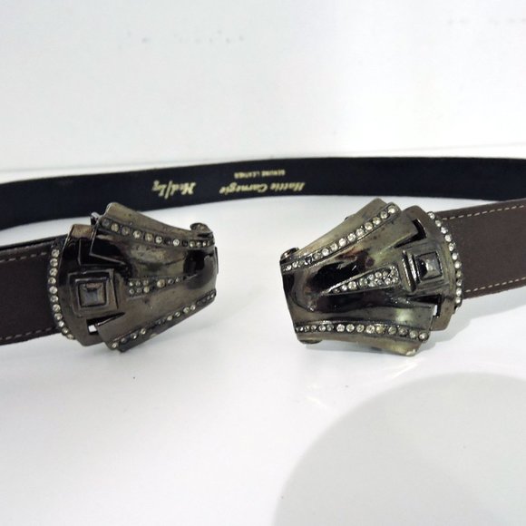 Hattie Carnegie jeweled buckle brown Belt genuine leather women's M / L vintage - Picture 2 of 9